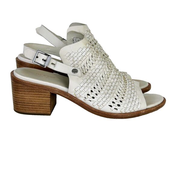 Rag & Bone Wyatt Block Heel Open Toe Leather Sandal Ivory Woven Buckle Sz 38.5 8 - Picture 1 of 12